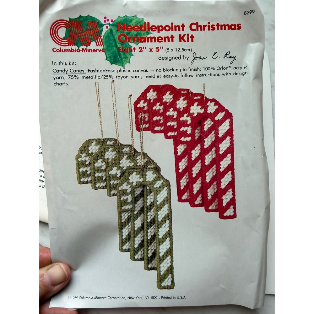 VTG Candy Cane Needlepoint Ornament Kit Columbia Minerva Christmas Red Green DIY